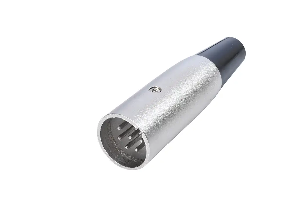 Newtide XR1010-6P 6-pole XLR male cable connector with nickel-plated housing and black strain relief boot.
