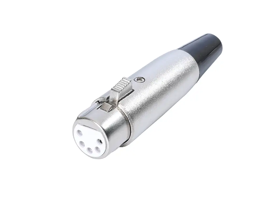 Newtide XR1020-5P 5-pole XLR female cable connector with nickel-plated housing, locking latch, and black strain relief boot.