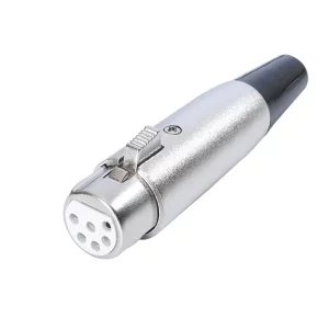 Newtide XR1020-6P 6-pole XLR female cable connector with nickel-plated housing, locking latch, and black strain relief boot.