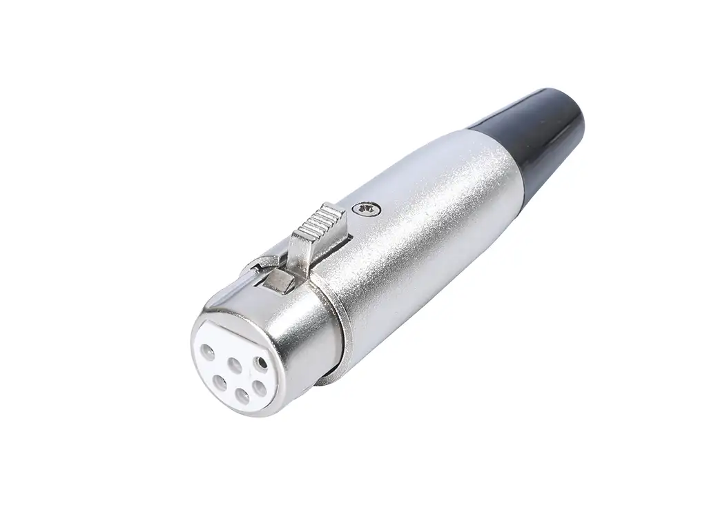 Newtide XR1020-6P 6-pole XLR female cable connector with nickel-plated housing, locking latch, and black strain relief boot.