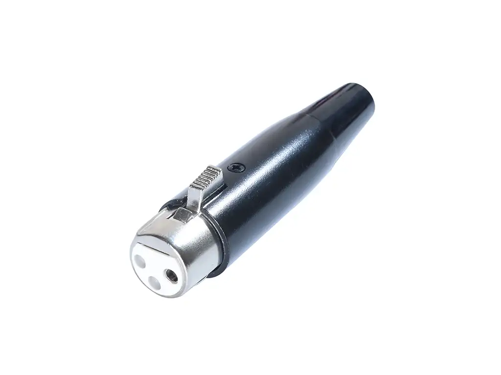 Newtide XR1020-3P 3-pole XLR female cable connector with black-plated housing, locking latch, and black strain relief boot.