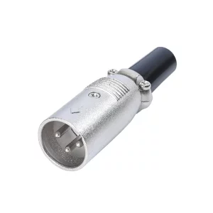 Newtide XR1030-3P 3-pole XLR male cable connector with nickel-plated housing and black strain relief boot.