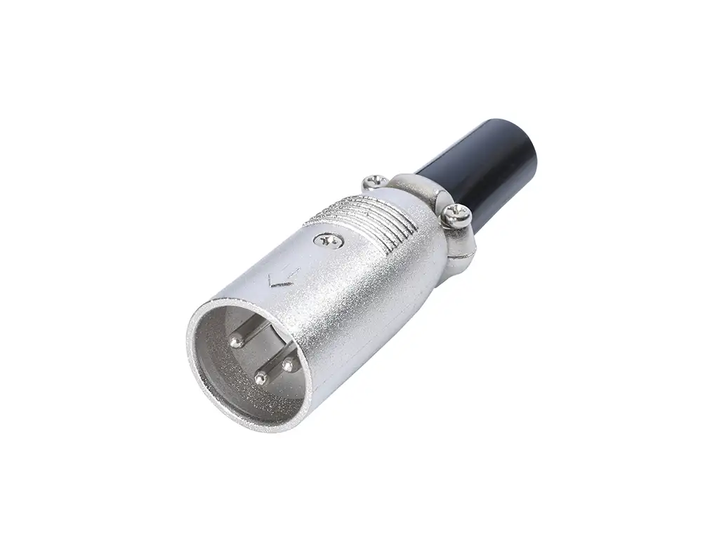 Newtide XR1030-3P 3-pole XLR male cable connector with nickel-plated housing and black strain relief boot.