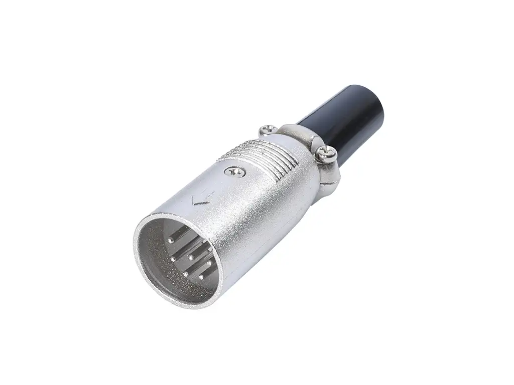 Newtide XR1030-6P 6-pole XLR male cable connector with nickel-plated housing and black strain relief boot.