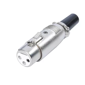 Newtide XR1040-3P 3-pole XLR female cable connector with nickel-plated housing, locking latch, and black strain relief boot.