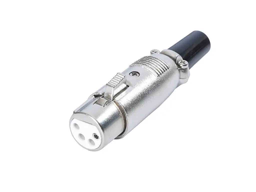 Newtide XR1040-4P 4-pole XLR female cable connector with nickel-plated housing, locking latch, and black strain relief boot.