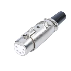 Newtide XR1040-5P 5-pole XLR female cable connector with nickel-plated housing, locking latch, and black strain relief boot.