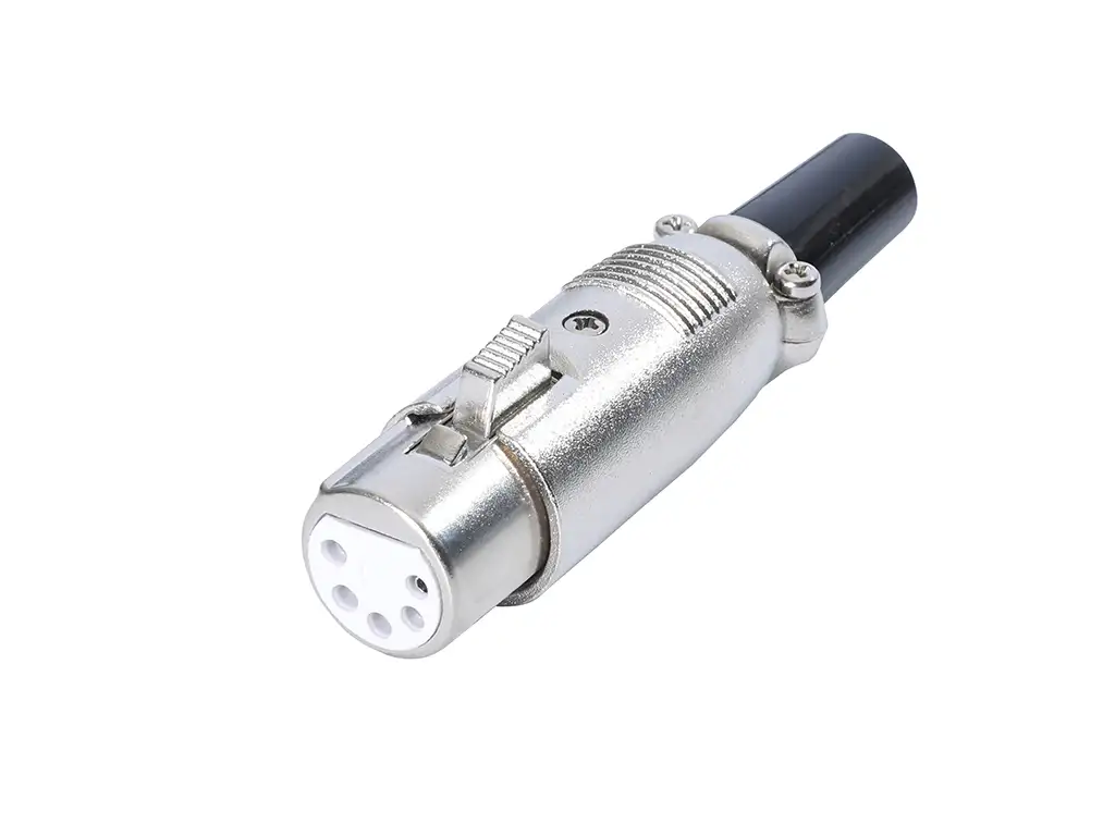Newtide XR1040-5P 5-pole XLR female cable connector with nickel-plated housing, locking latch, and black strain relief boot.