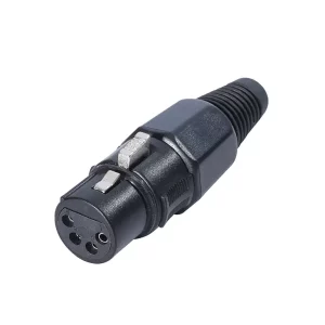 Newtide XR1120-4P 4-pole XLR female cable connector with thermoplastic housing, locking latch, and black strain relief boot.