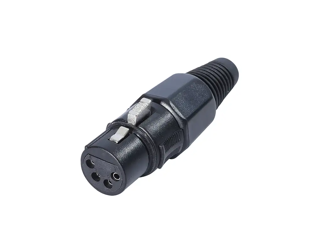 Newtide XR1120-4P 4-pole XLR female cable connector with thermoplastic housing, locking latch, and black strain relief boot.