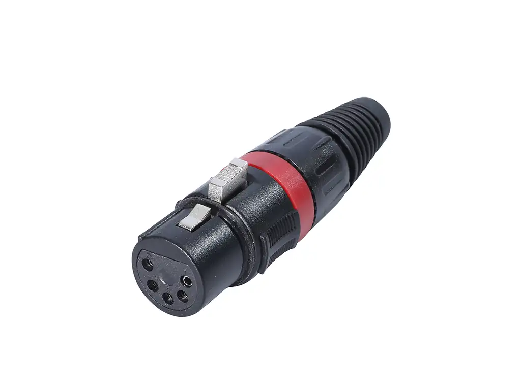 Newtide XR1121-5P 5-pole XLR female cable connector with thermoplastic housing, locking latch, and black strain relief boot.