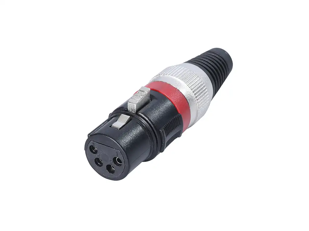 Newtide XR1122-4P 4-pole XLR female cable connector with thermoplastic housing, locking latch, and black strain relief boot.