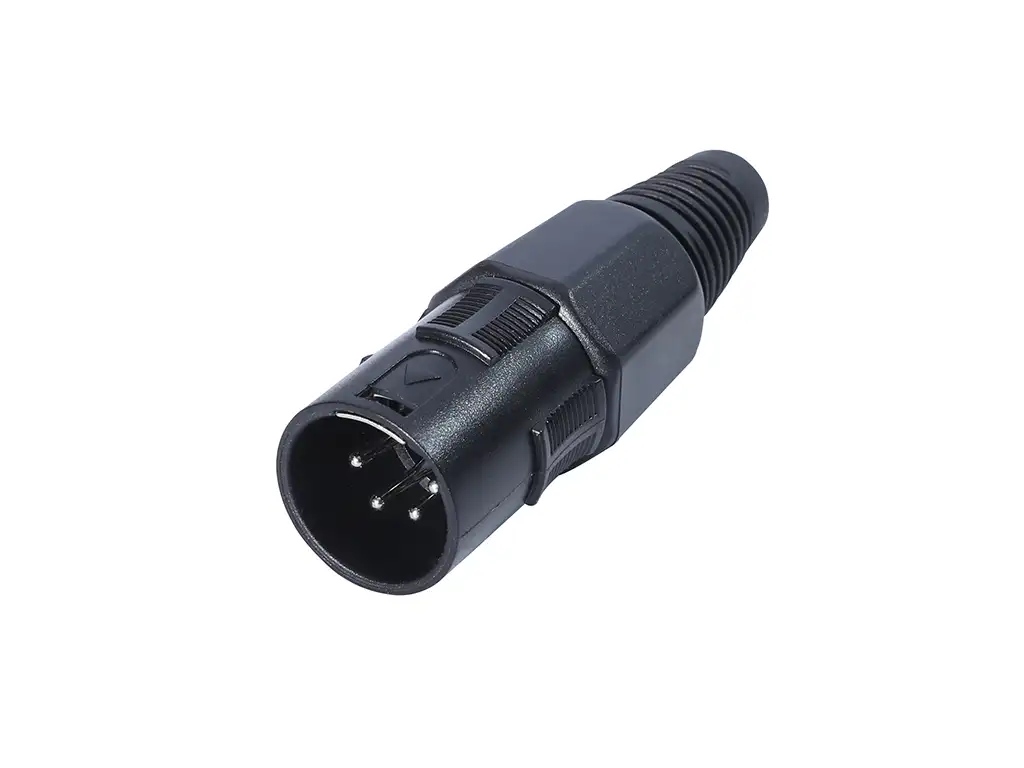 Newtide XR1130-4P 4-pole XLR male cable connector with thermoplastic housing and black strain relief boot.