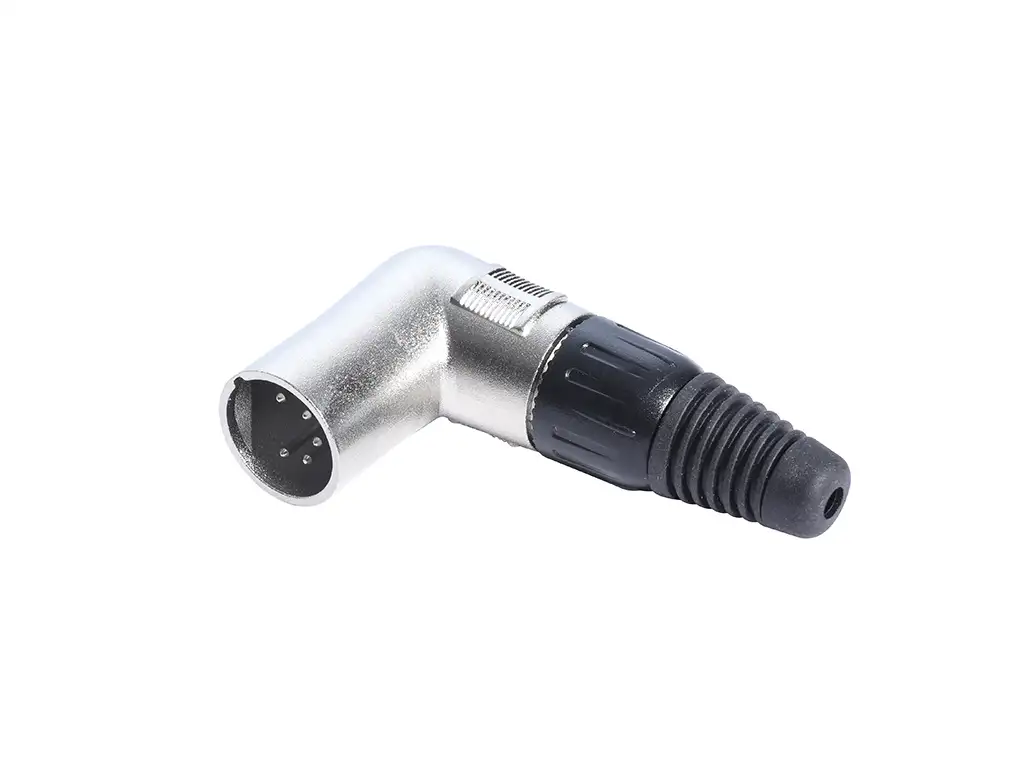 Newtide XR1170-5P 5-pole right angle XLR male cable connector (90 degree L-shape) with nickel-plated metal housing.
