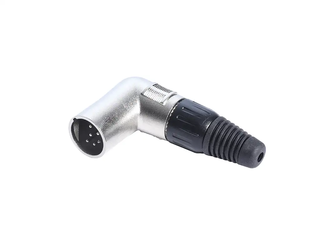 Newtide XR1170-6P 6-pole right angle XLR male cable connector (90 degree L-shape) with nickel-plated metal housing.