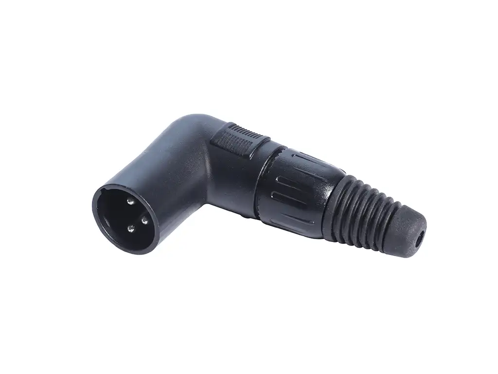 Newtide XR1170B-3P 3-pole right angle XLR male cable connector (90 degree L-shape) with black-plated metal housing.