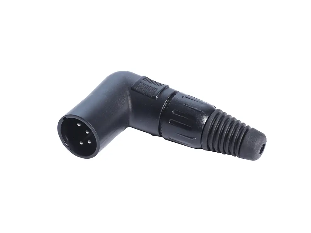 Newtide XR1170B-4P 4-pole right angle XLR male cable connector (90 degree L-shape) with black-plated metal housing.
