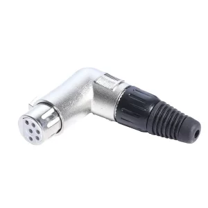 Newtide XR1180-6P 6-pole right angle XLR female cable connector (90 degree L-shape) with nickel-plated metal housing.