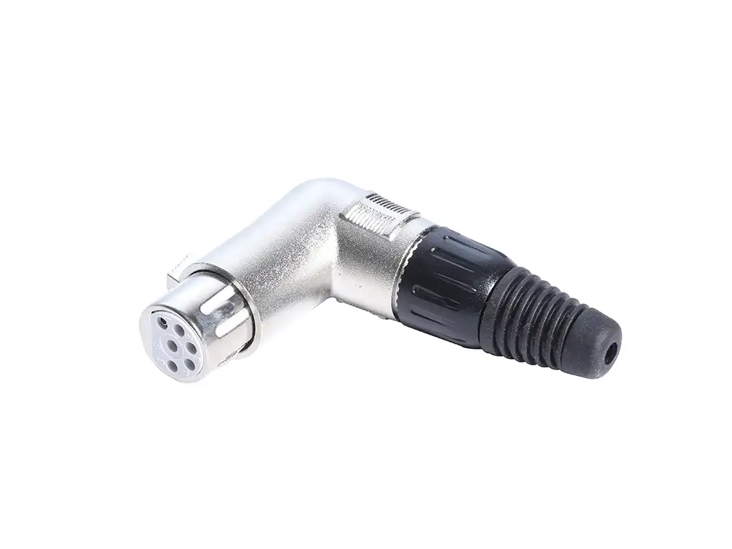Newtide XR1180-6P 6-pole right angle XLR female cable connector (90 degree L-shape) with nickel-plated metal housing.