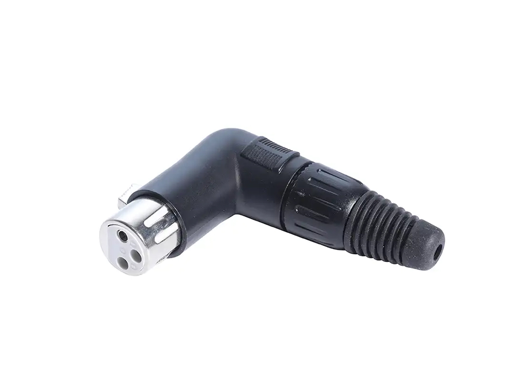 Newtide XR1180B-3P 3-pole right angle XLR female cable connector (90 degree L-shape) with black-plated metal housing.