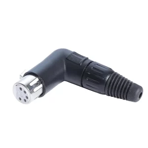 Newtide XR1180B-5P 5-pole right angle XLR female cable connector (90 degree L-shape) with black-plated metal housing.