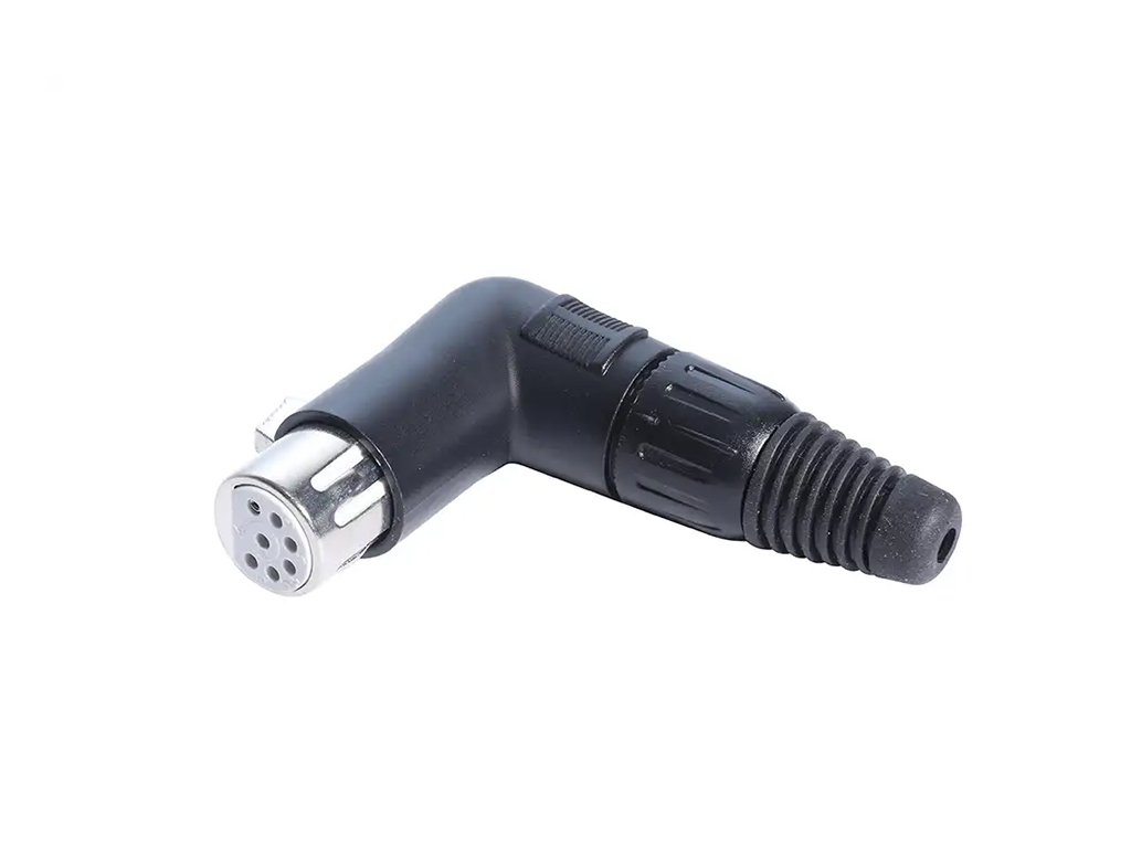 Newtide XR1180B-7P 7-pole right angle XLR female cable connector (90 degree L-shape) with black-plated metal housing.