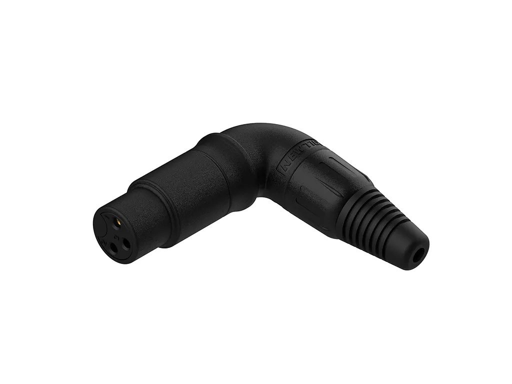 Newtide XR1191-3P 3-pole right angle XLR female cable connector (90 degree L-shape) with thermoplastic housing.