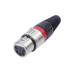 Newtide XR1500-5P 5-pole XLR female cable connector with nickel-plated housing, locking latch, and black strain relief boot.
