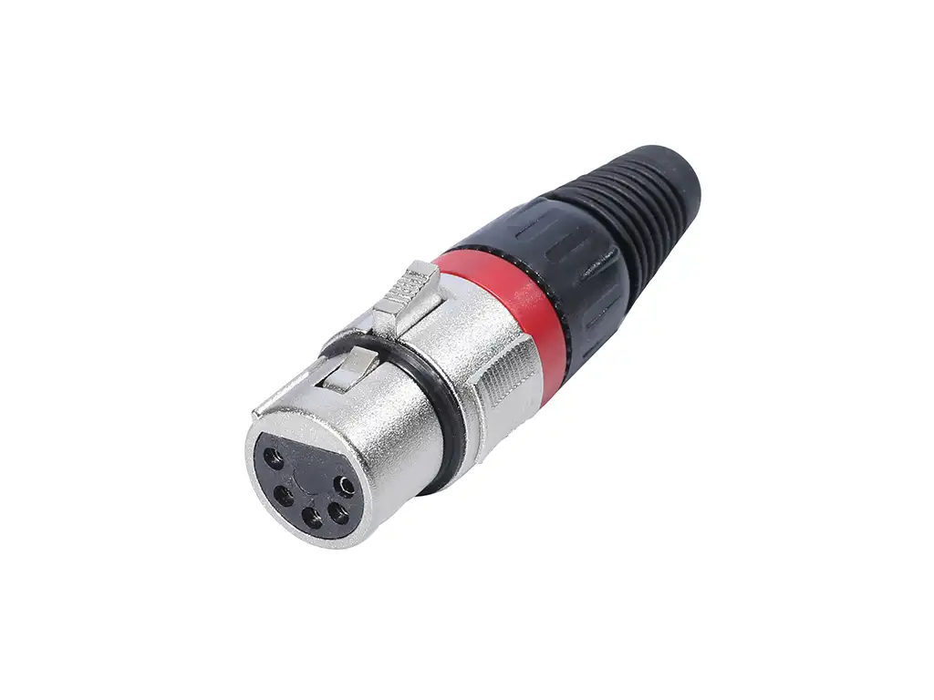 Newtide XR1500-5P 5-pole XLR female cable connector with nickel-plated housing, locking latch, and black strain relief boot.