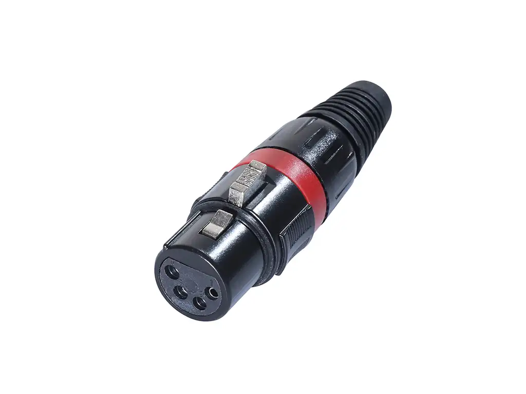 Newtide XR1500B-4P 4-pole XLR female cable connector with black-plated housing, locking latch, and black strain relief boot.