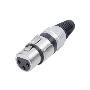 Newtide XR1501-3P 3-pole XLR female cable connector with nickel-plated housing, locking latch, and black strain relief boot.