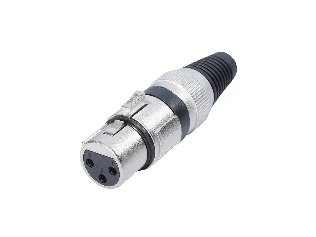 Newtide XR1501-3P 3-pole XLR female cable connector with nickel-plated housing, locking latch, and black strain relief boot.