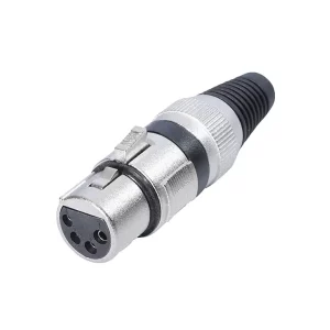 Newtide XR1501-4P 4-pole XLR female cable connector with nickel-plated housing, locking latch, and black strain relief boot.