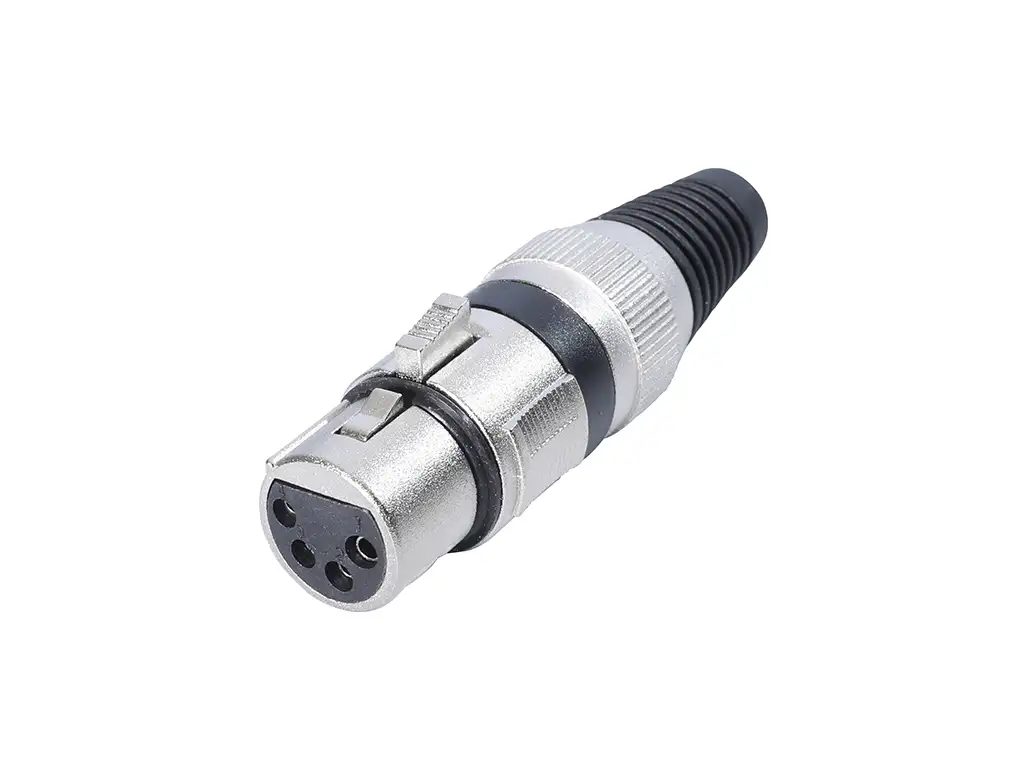 Newtide XR1501-4P 4-pole XLR female cable connector with nickel-plated housing, locking latch, and black strain relief boot.