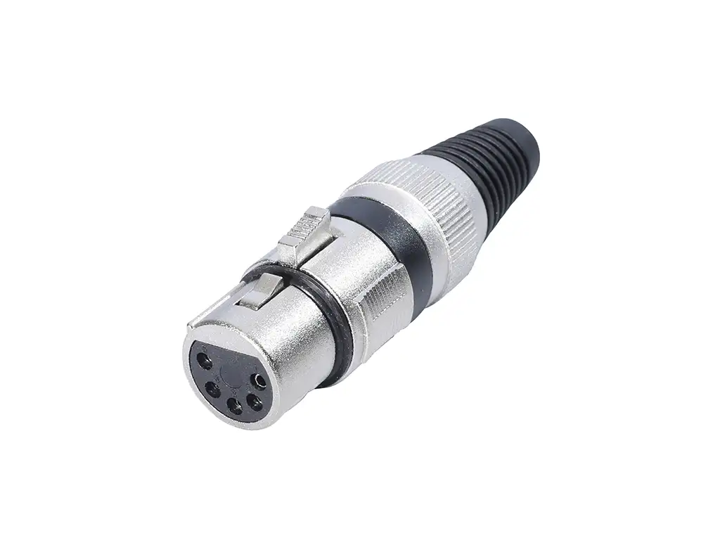 Newtide XR1501-5P 5-pole XLR female cable connector with nickel-plated housing, locking latch, and black strain relief boot.