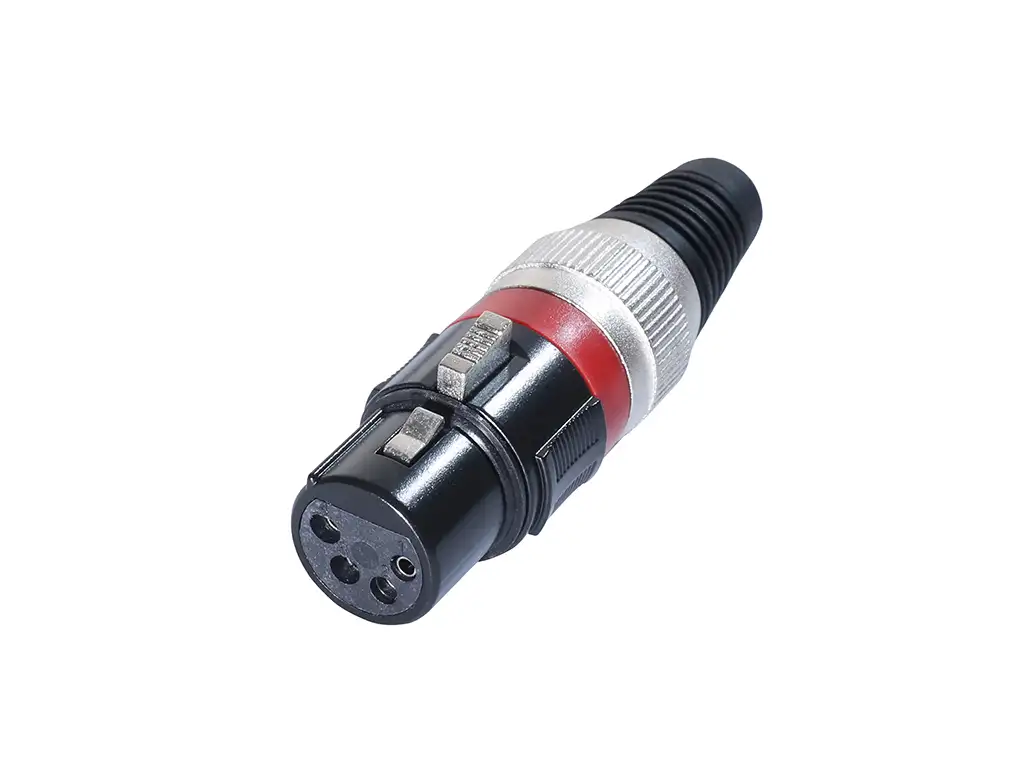 Newtide XR1501B-4P 4-pole XLR female cable connector with black-plated housing, locking latch, and black strain relief boot.