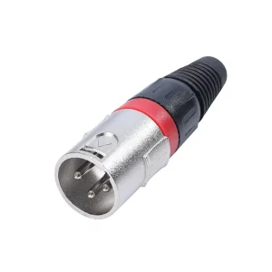 Newtide XR1600-3P 3-pole XLR male cable connector with nickel-plated housing and black strain relief boot.