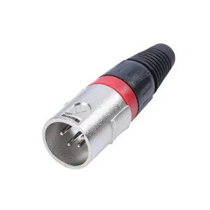 Newtide XR1600-4P 4-pole XLR male cable connector with nickel-plated housing and black strain relief boot.