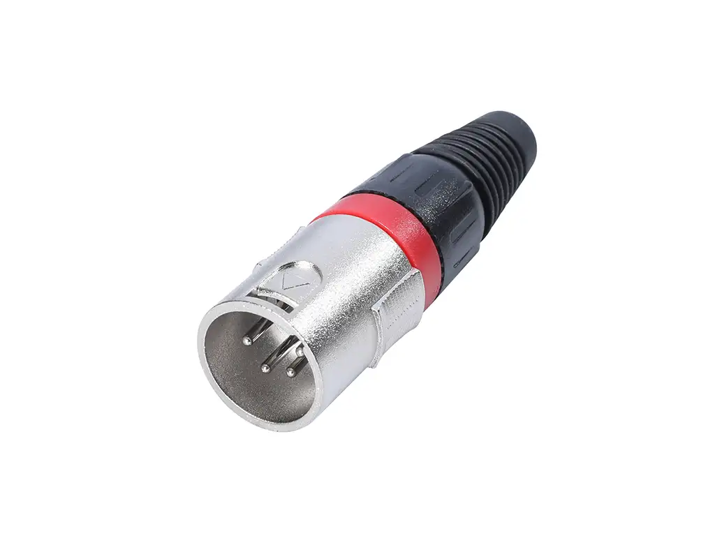 Newtide XR1600-4P 4-pole XLR male cable connector with nickel-plated housing and black strain relief boot.