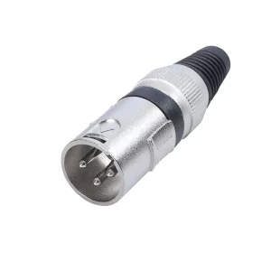 Newtide XR1601-3P 3-pole XLR male cable connector with nickel-plated housing and black strain relief boot.