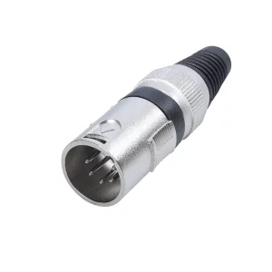 Newtide XR1601-5P 5-pole XLR male cable connector with nickel-plated housing and black strain relief boot.