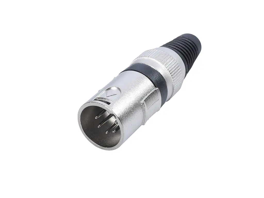 Newtide XR1601-5P 5-pole XLR male cable connector with nickel-plated housing and black strain relief boot.