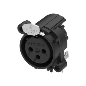 Newtide XRA0375-3P 3-pole XLR female chassis connector with push locking latch, horizontal PCB mount (90 degree), thermoplastic housing.