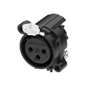 Newtide XRA0375-3P1 3-pole XLR female chassis connector with push locking latch, horizontal PCB mount (90 degree), thermoplastic.