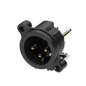 Newtide XRA0384-3P 3-pole XLR male chassis connector, vertical PCB mount , thermoplastic housing.