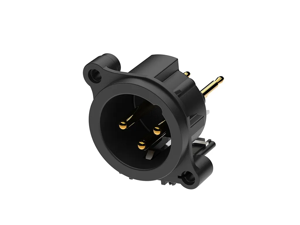 Newtide XRA0384-3P1 3-pole XLR male chassis connector, vertical PCB mount , thermoplastic housing.