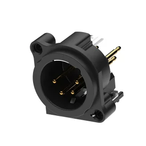 Newtide XRA0384-4P 4-pole XLR male chassis connector, vertical PCB mount , thermoplastic housing.