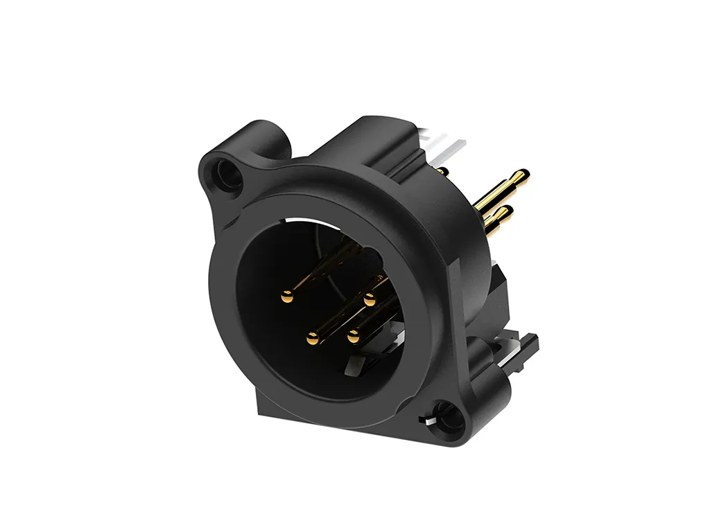 Newtide XRA0384-4P 4-pole XLR male chassis connector, vertical PCB mount , thermoplastic housing.