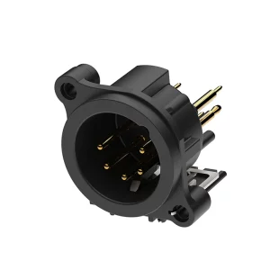 Newtide XRA0384-5P 5-pole XLR male chassis connector, vertical PCB mount , thermoplastic housing.