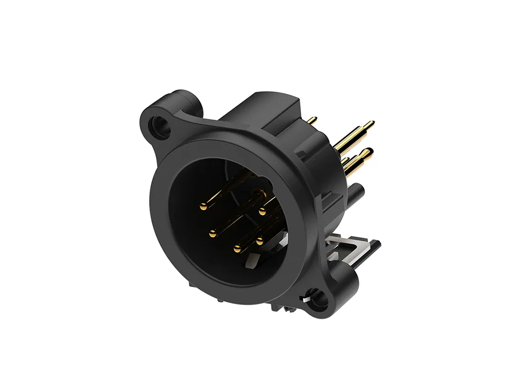 Newtide XRA0384-5P 5-pole XLR male chassis connector, vertical PCB mount , thermoplastic housing.